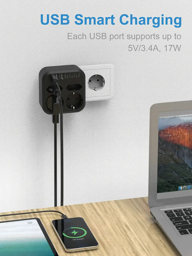 4 Outlets Eu Wall Power Strip